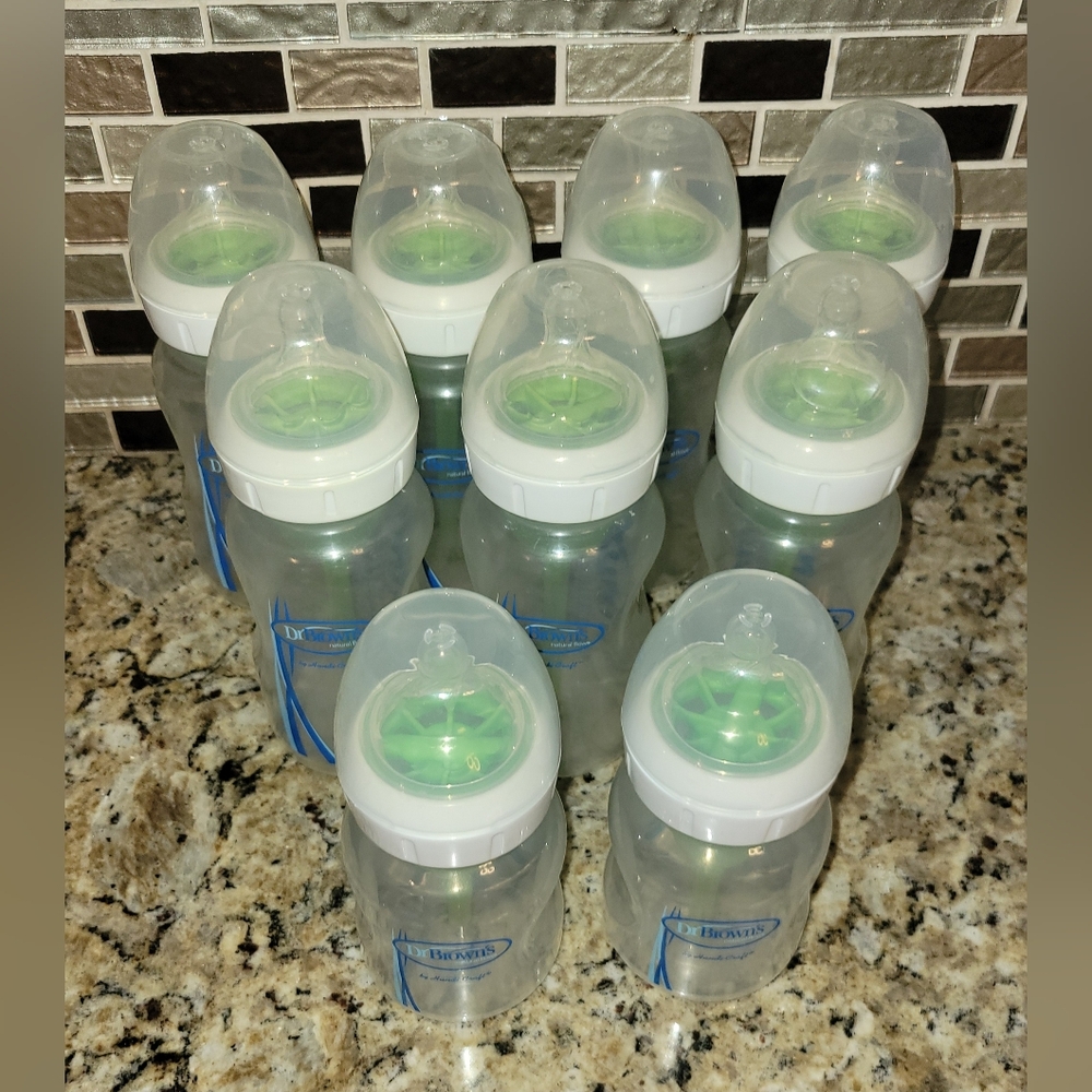 9 Dr. Brown's Wide Neck Anti-Colic Baby Bottles Set Size 1 Nipples